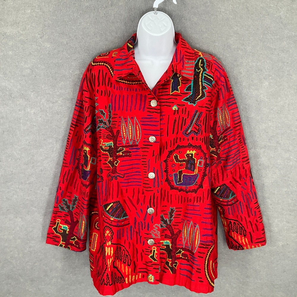 Chico's Silk Embroidery Jacket Button Up Sz M Abstract‎ Art Bold Southwestern